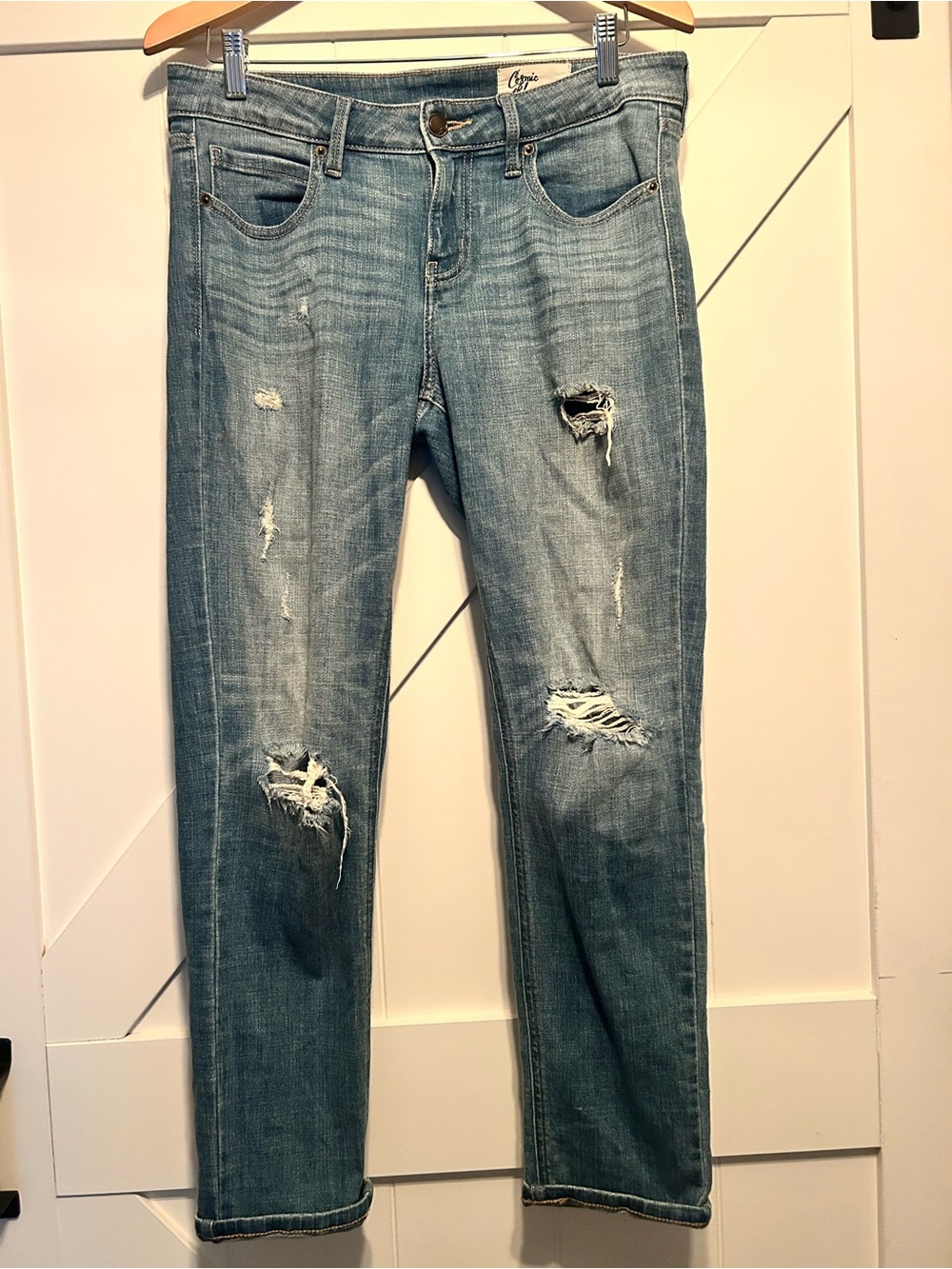 Cosmic Blue Love Size 33 Distressed Boyfriend Jeans